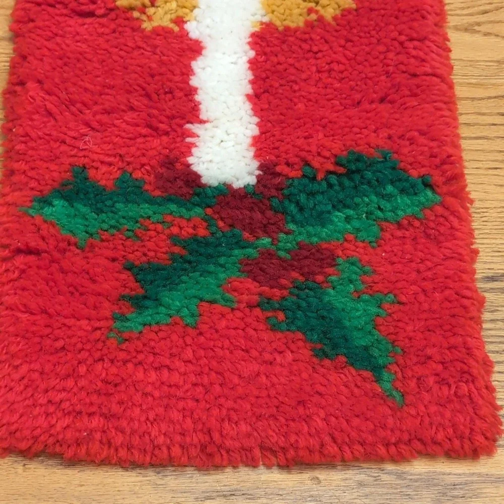 Noel Wall Hanging Latch Hook Handmade Candle Holly Christmas Decor Yarn Canvas